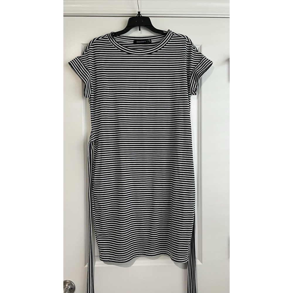 Merokeety Summer Short Sleeve Crewneck Striped Tie Waist T Shirt Dress Medium